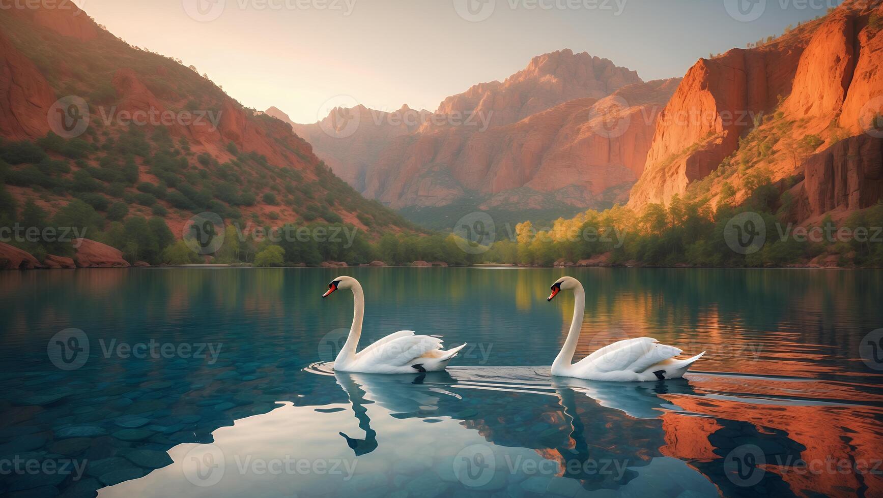 Swans Swim on Calm Lake Surrounded by Stunning Mountain Landscape photo