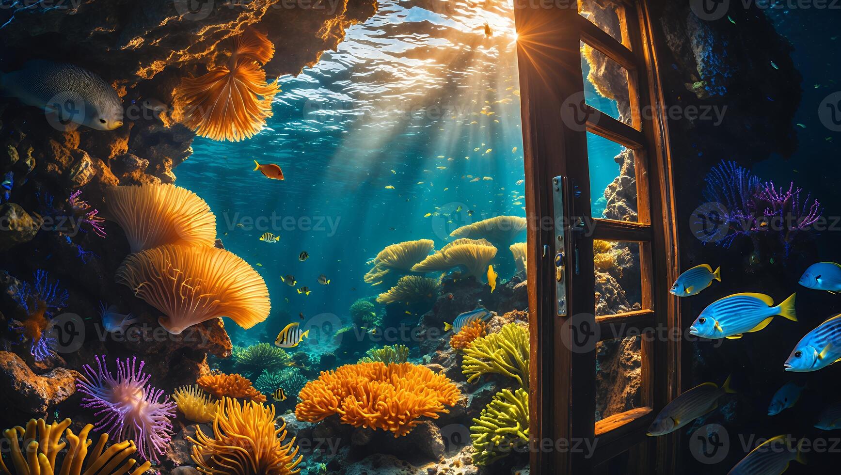 Exploring Underwater World Through an Open Door with Sunlight photo