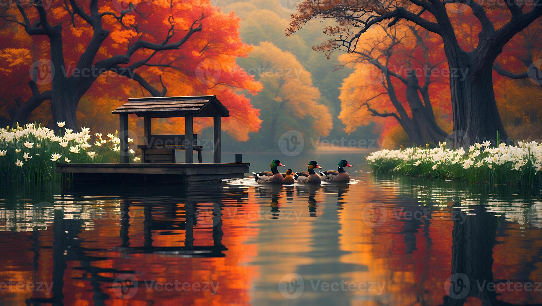 Ducks Swimming on Calm Lake with Autumn Reflections and Dock photo