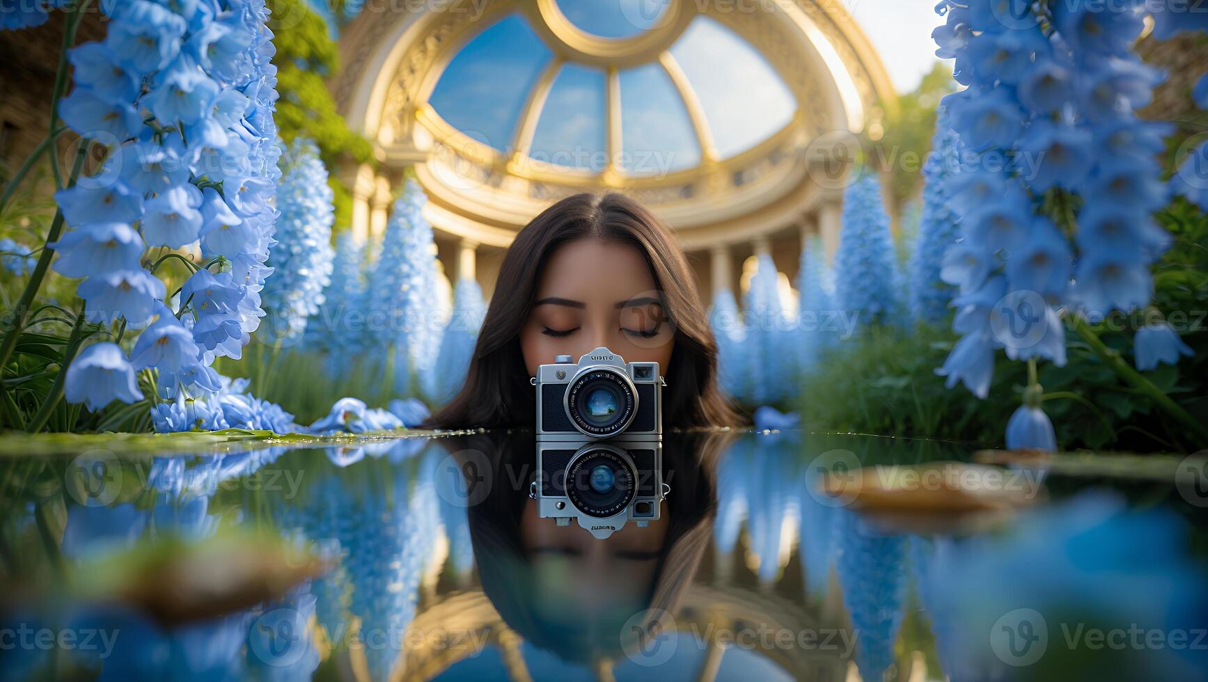 Woman Holding Camera with Reflection in Pond Surrounded by Flowers photo