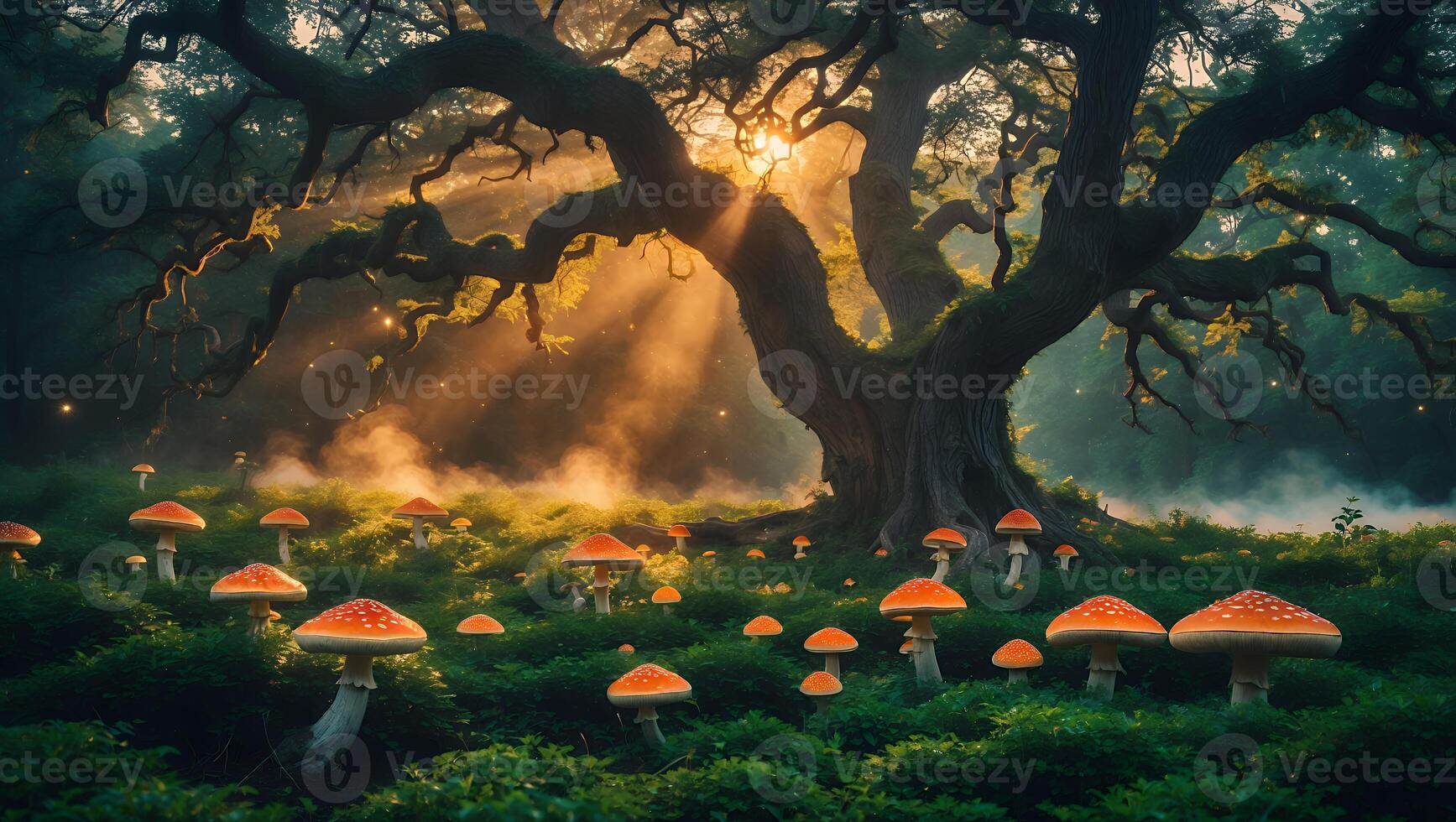 Orange Mushrooms Growing Under Old Tree with Sun Rays Shining Through photo