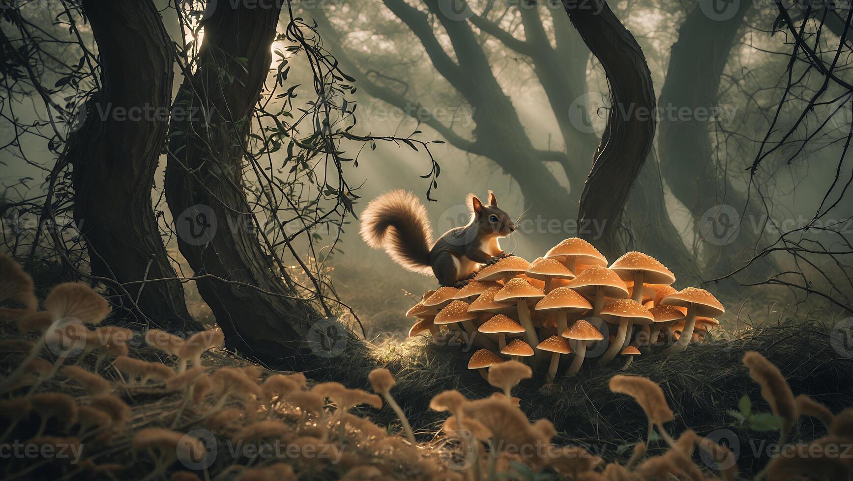 Squirrel Sitting on Mushrooms in Mystical Forest with Soft Lighting photo
