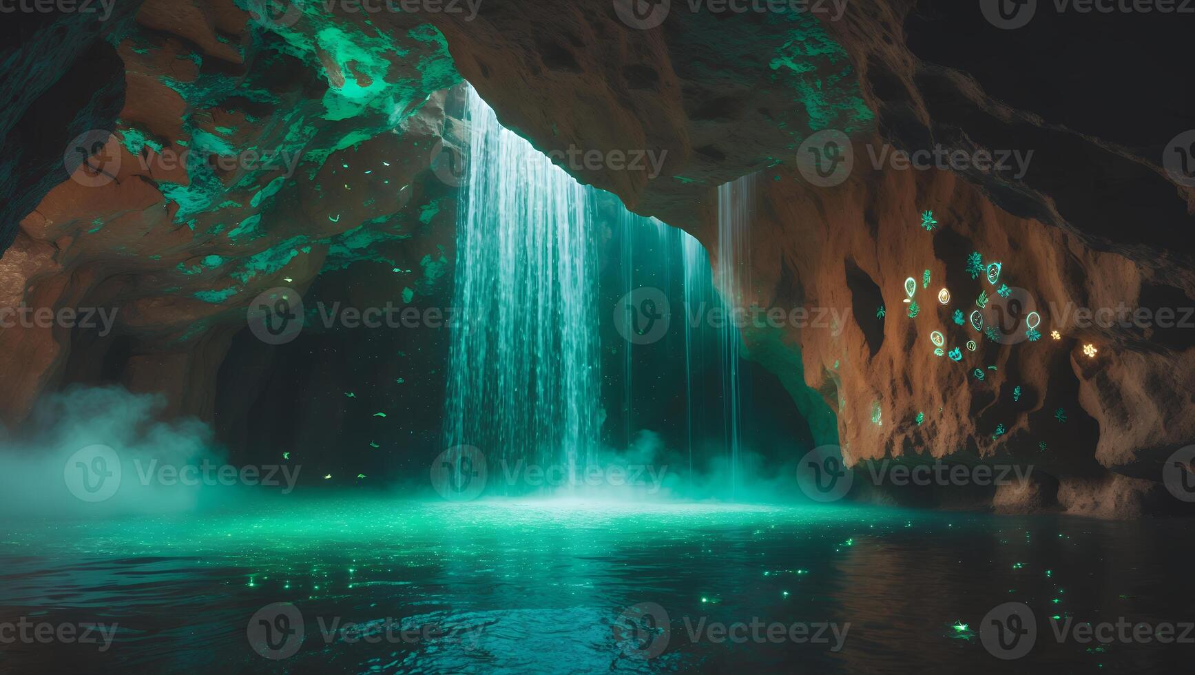 Waterfall Cascading Into Grotto Pool with Glowing Decoration and Light photo
