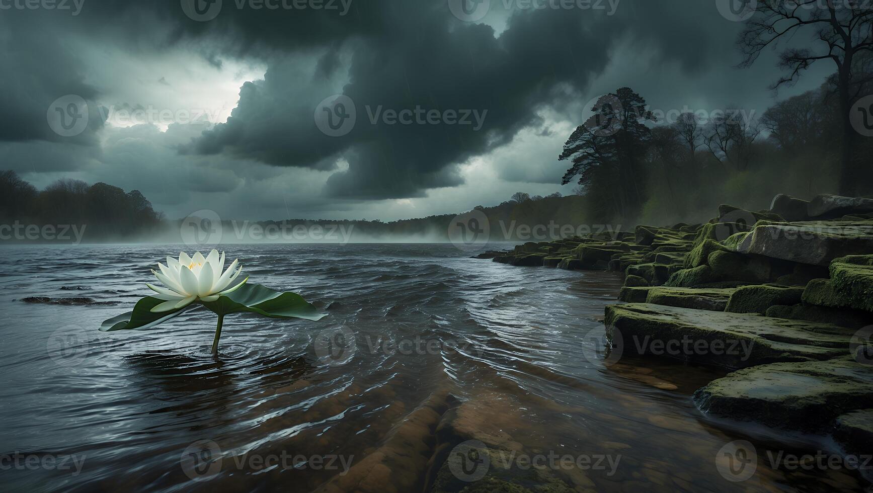 Floating Water Lily in River with Mossy Rocks and Overcast Sky photo