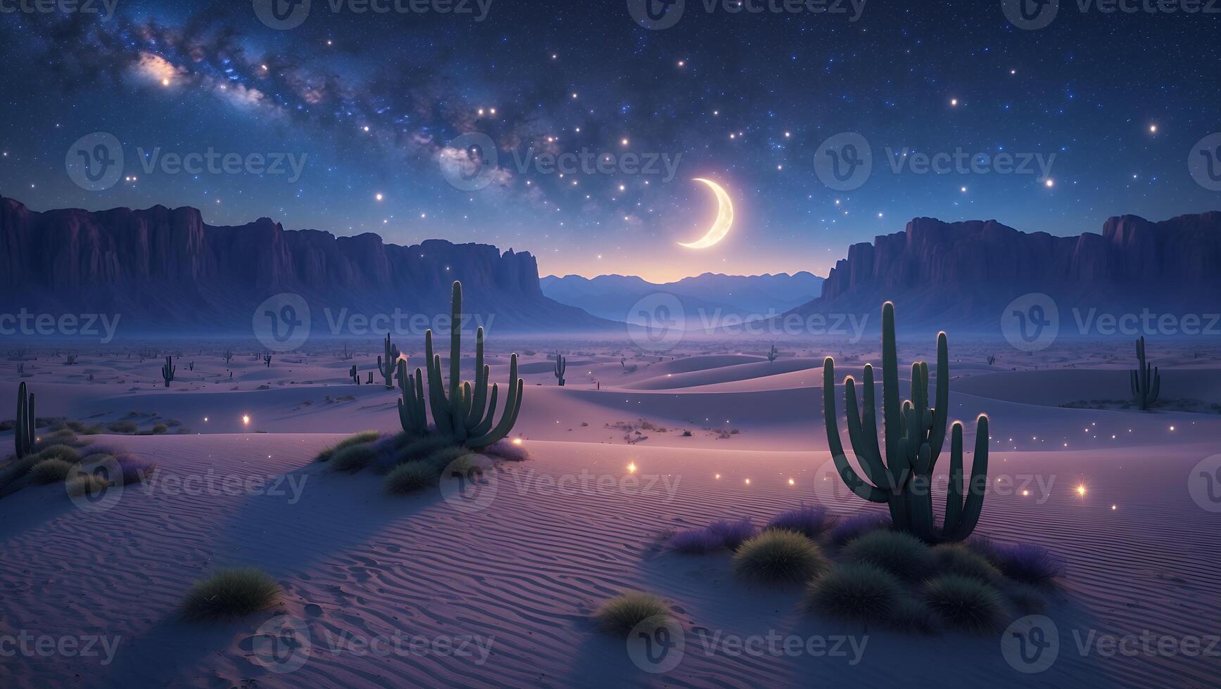 Desert Nightscape with Cacti, Moon, and Milky Way Illustration photo