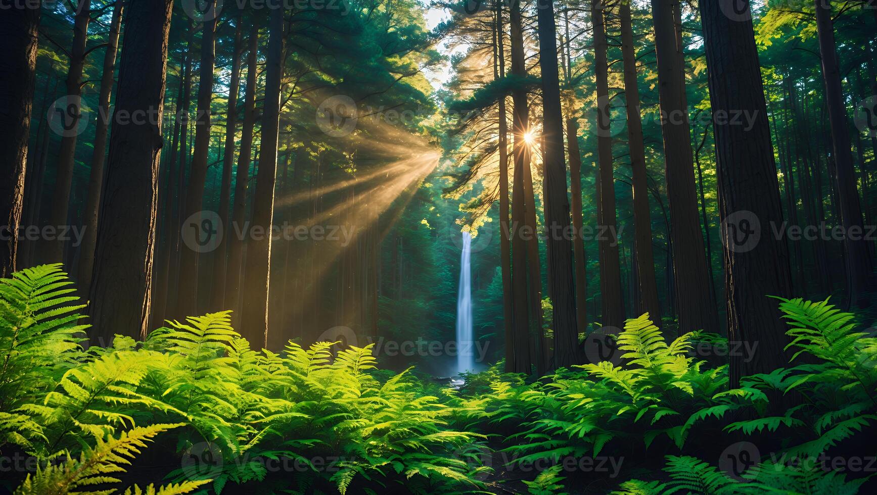 Waterfall Hidden in Lush Forest with Sunbeams and Bright Green Ferns photo