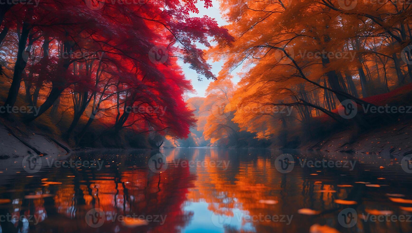 River Flowing Through Autumn Forest with Red and Orange Leaves photo