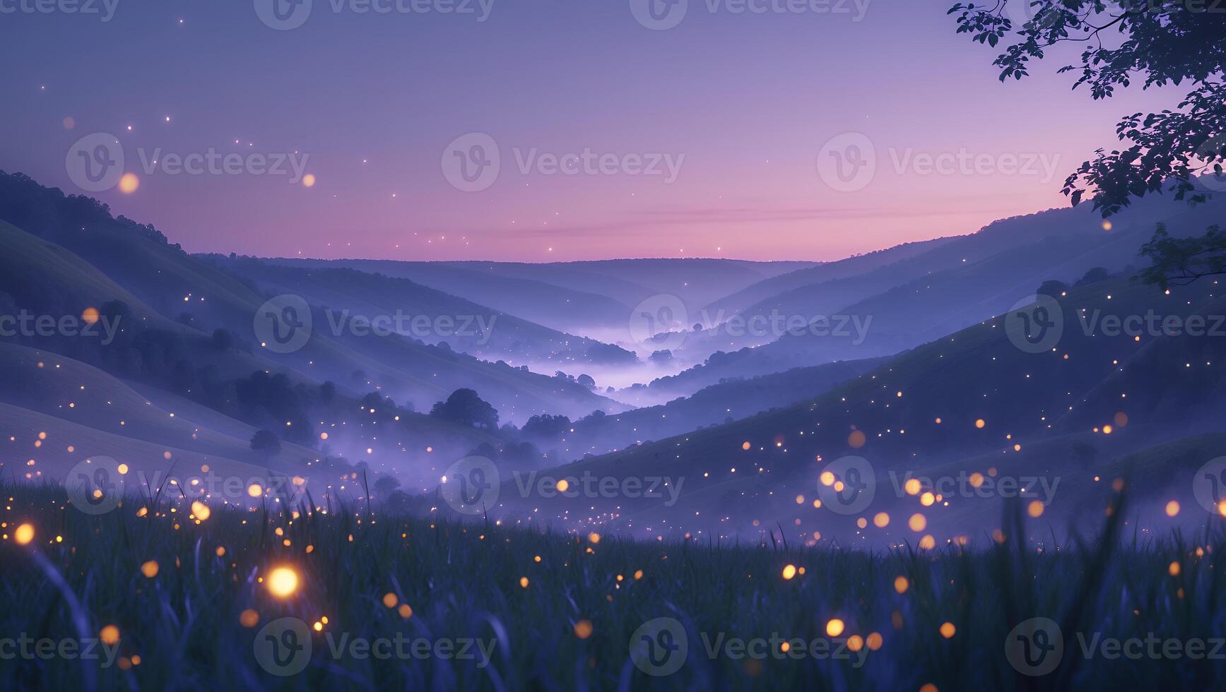 Glowing Meadow at Dusk with Rolling Hills and Soft Ambient Light photo