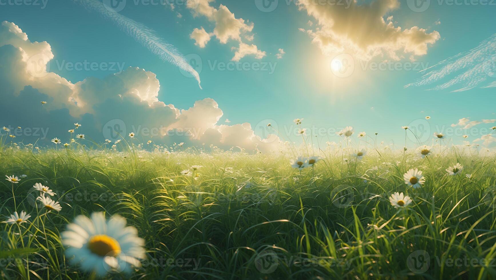 Daisies Bloom in a Sunny Meadow Under a Bright Summer Sky photo