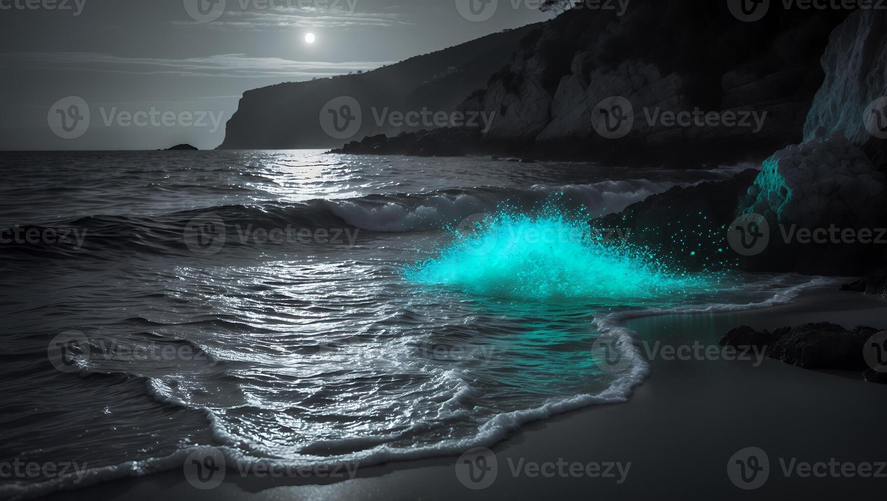 Glowing Wave Crashing on Dark Sand Beach Under Moonlight Sky photo