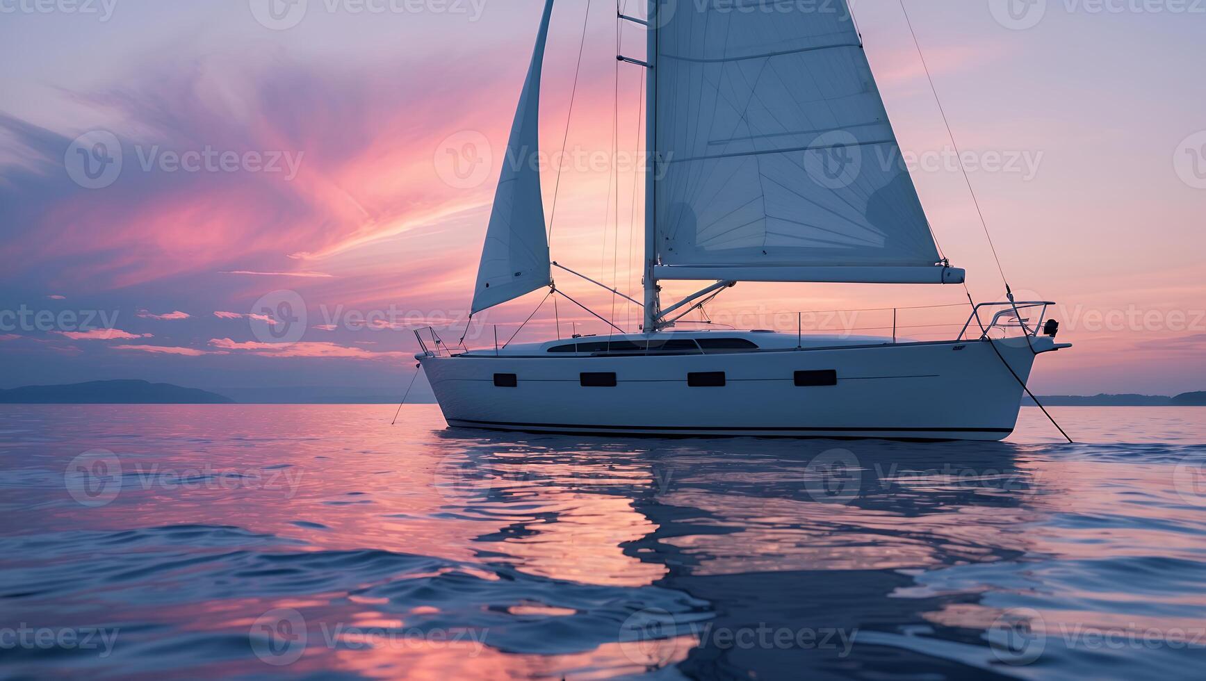 Sailing Boat at Sunset Reflecting in Calm Water Peaceful Evening photo
