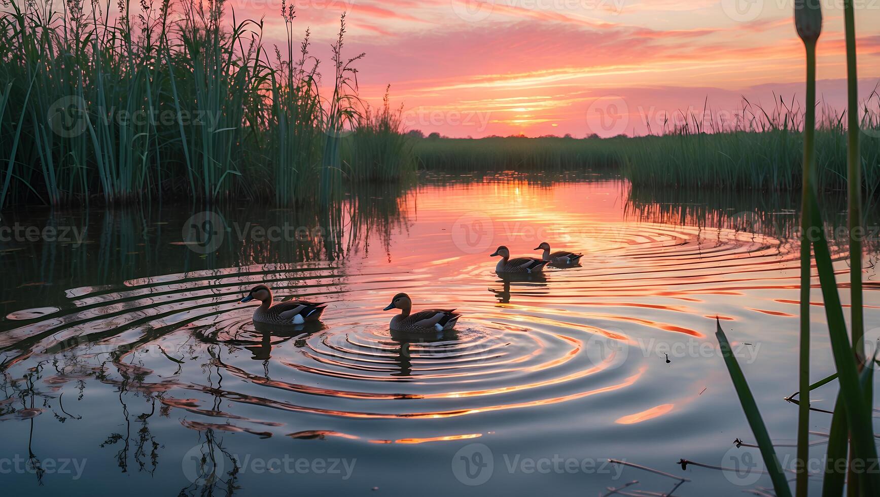 Ducks Swimming on Calm Water at Sunset with Reed Reflections photo