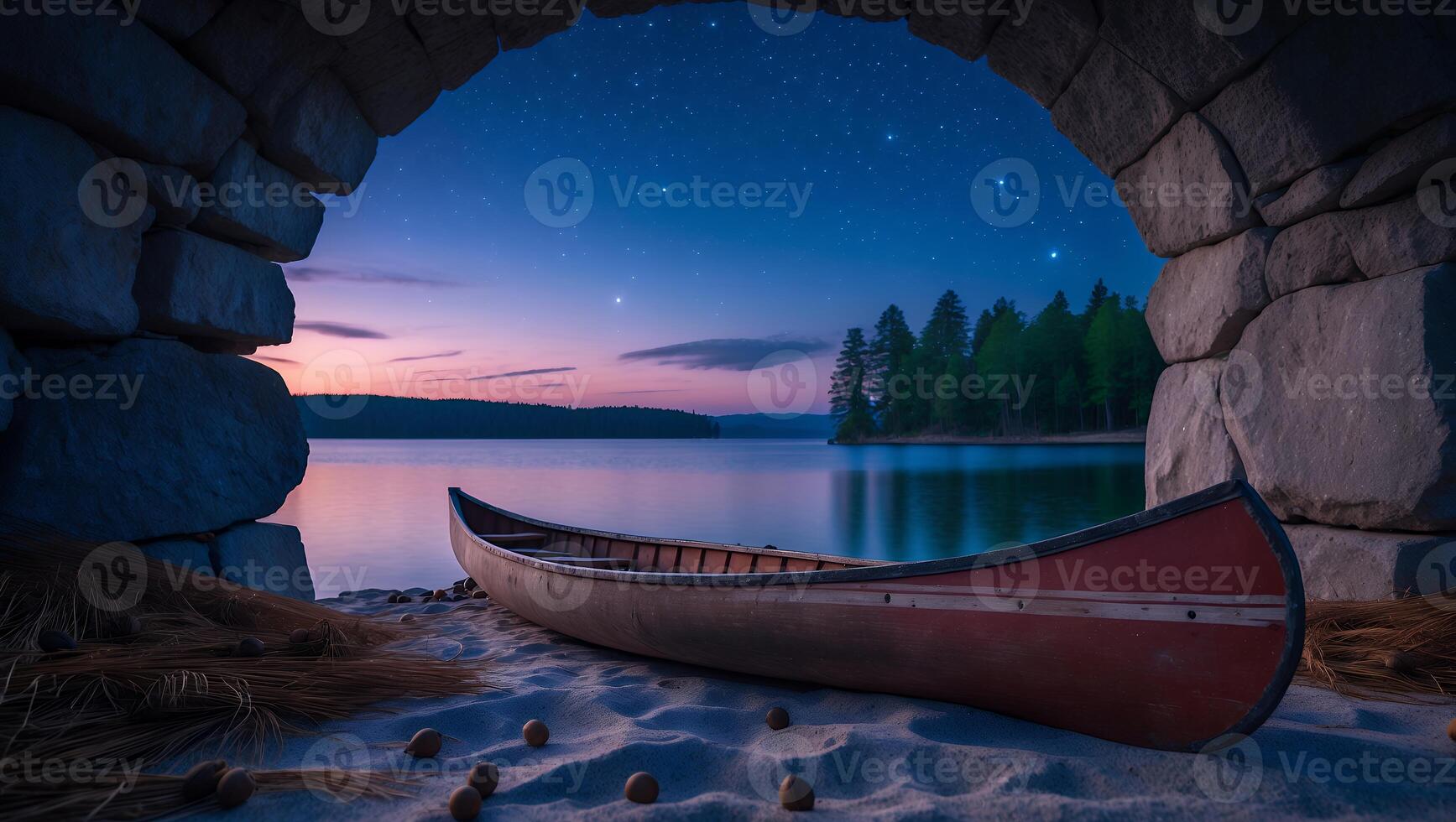 Canoe Resting on Sandy Beach Framed by Stone Archway at Dusk photo