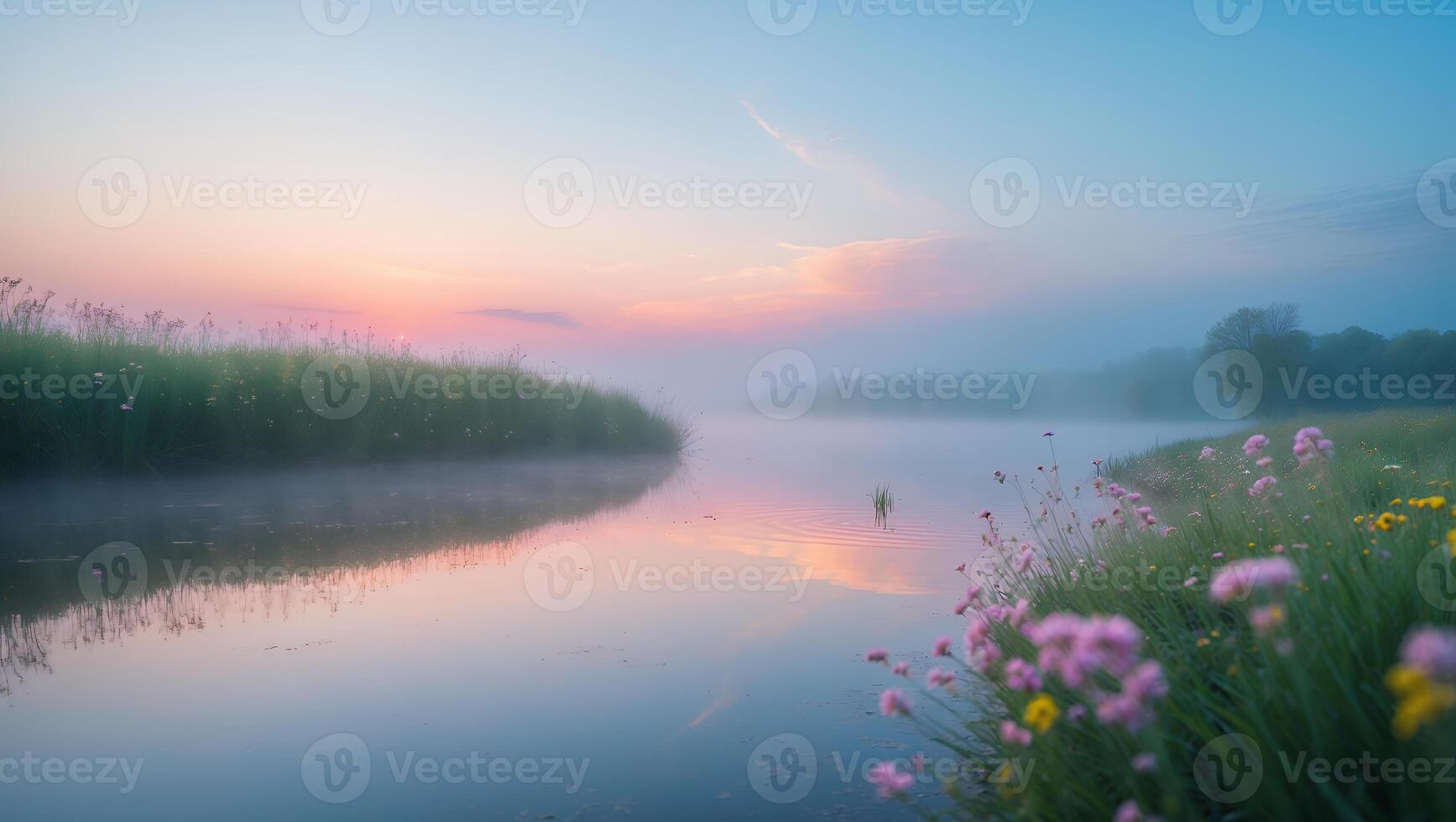 Tranquil River Landscape with Fog at Sunrise and Wildflowers photo