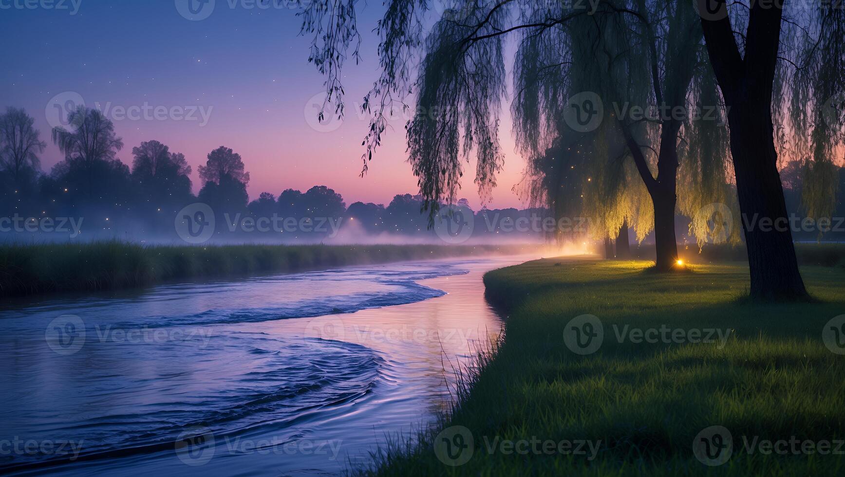 Flowing River at Dusk with Willow Trees and Soft Glow photo