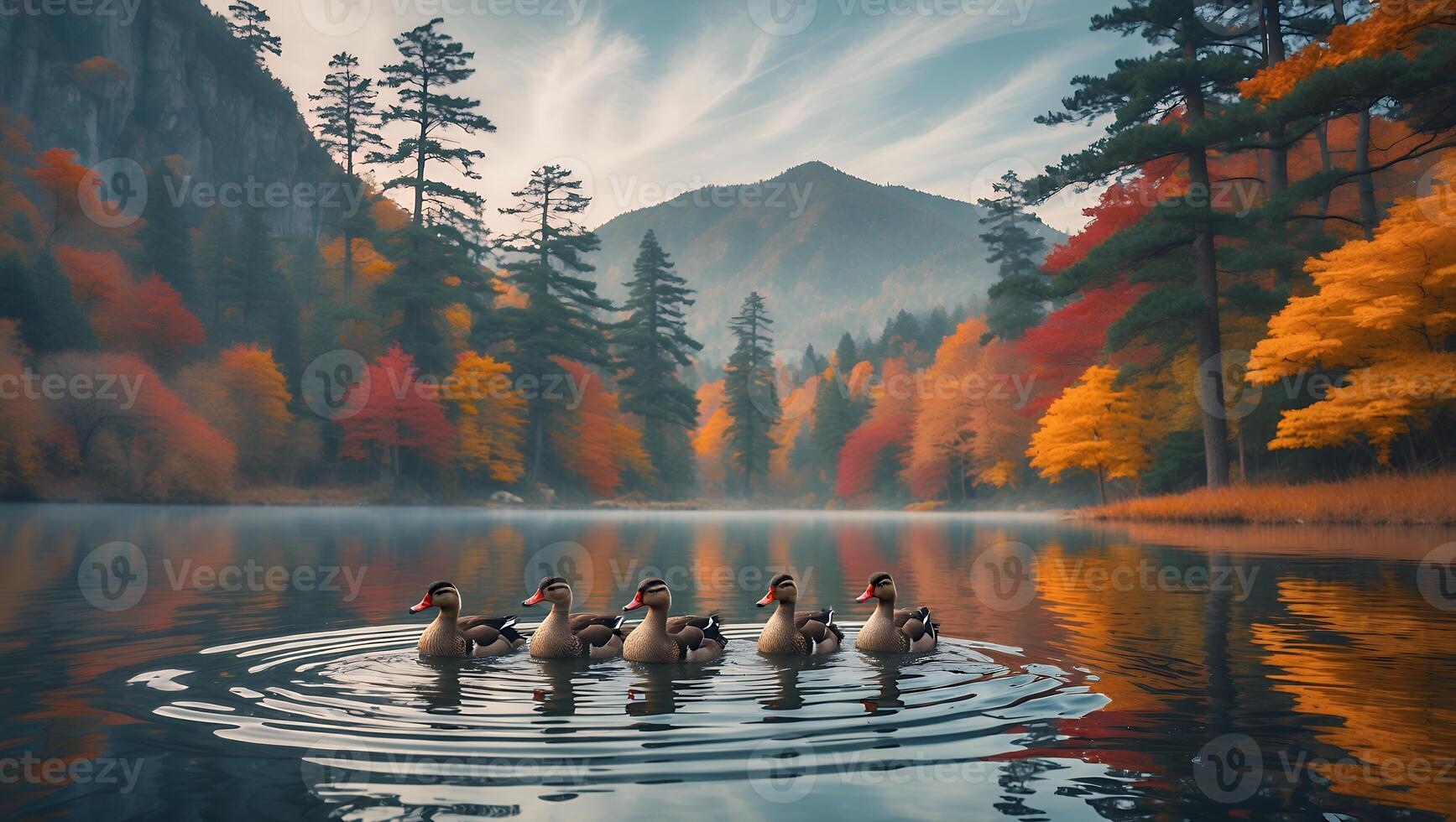 Ducks Swimming in Calm Lake Surrounded by Colorful Autumn Forest photo
