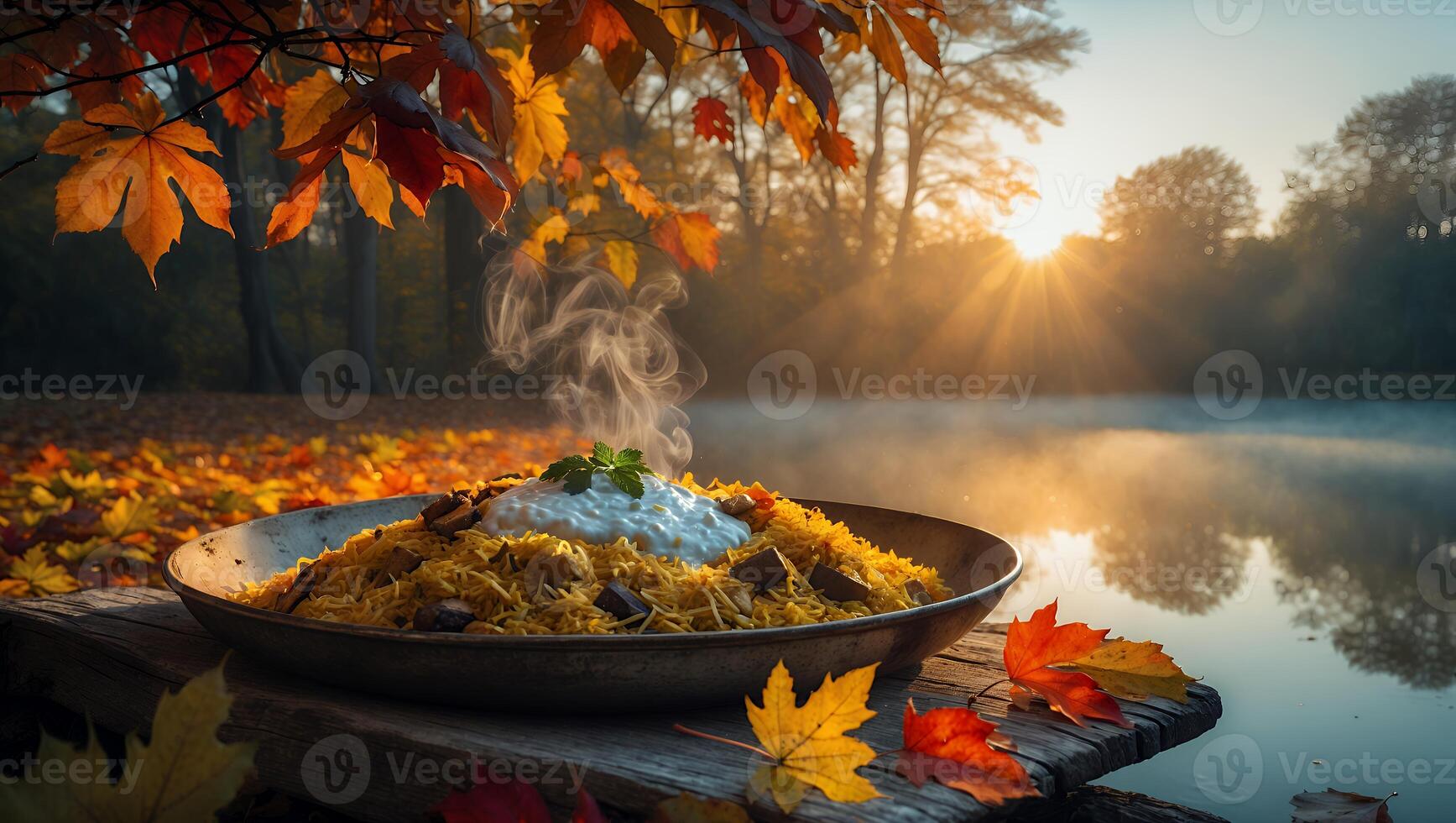 Serving Delicious Food in Autumnal Nature with Foggy Lake View photo