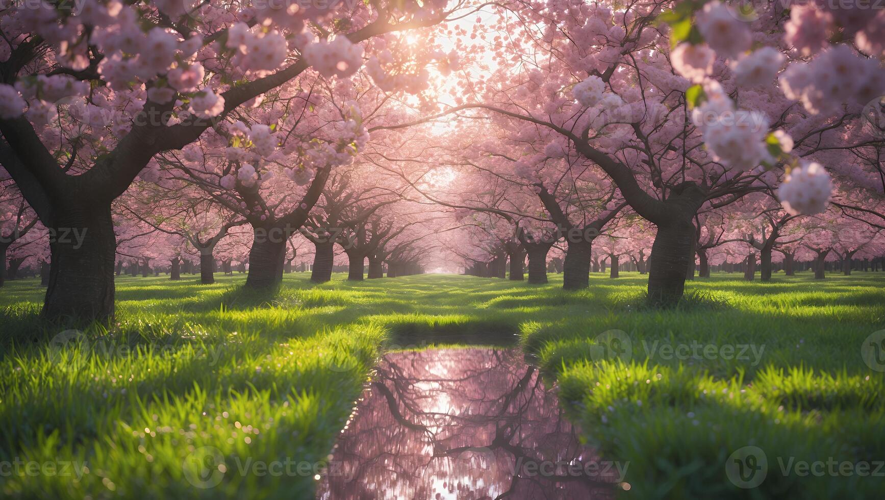 Walking Through Pink Blossoms in a Spring Orchard with Water Reflection photo