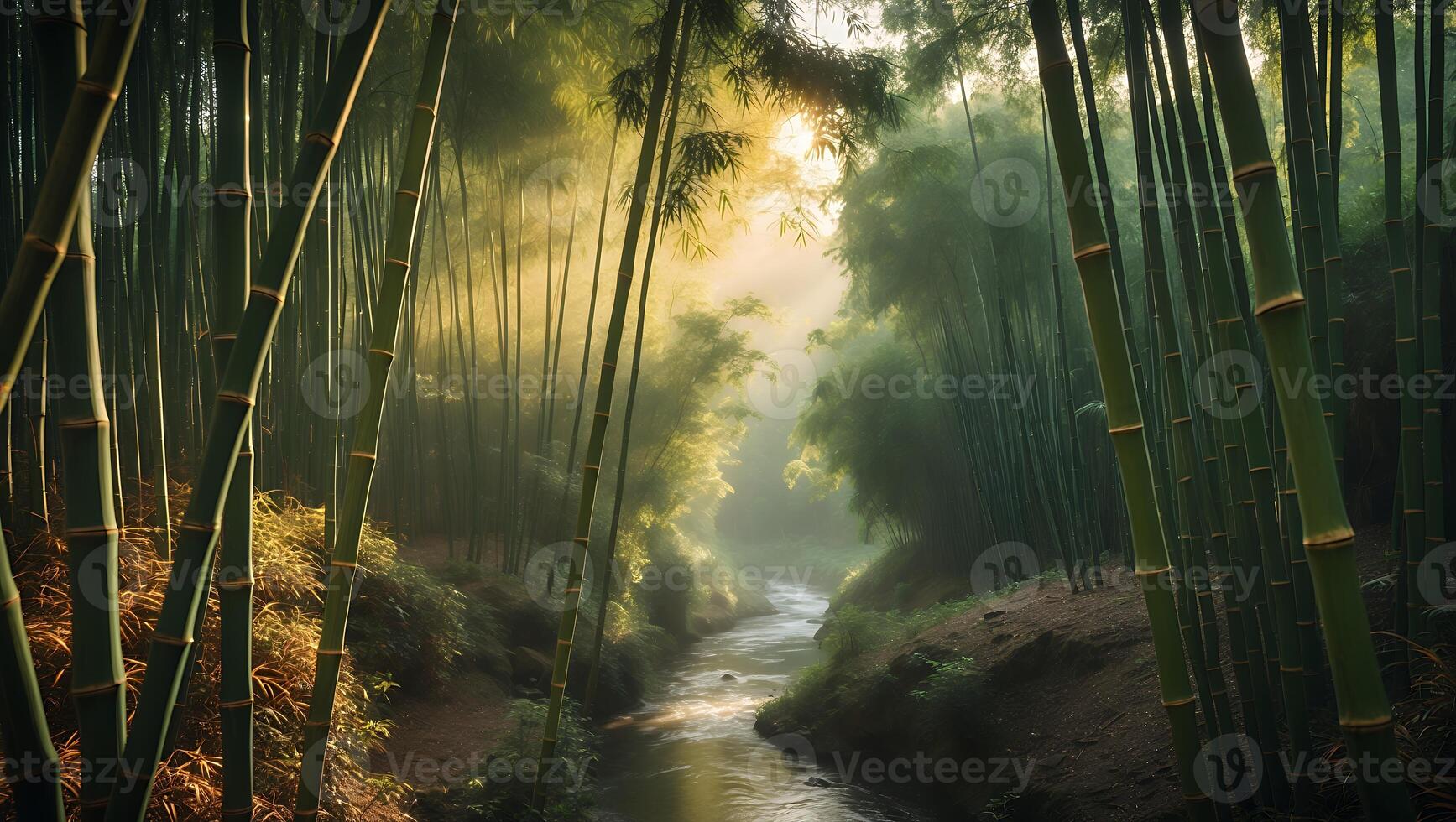 Flowing River Through Dense Bamboo Forest with Fog and Sunlight photo