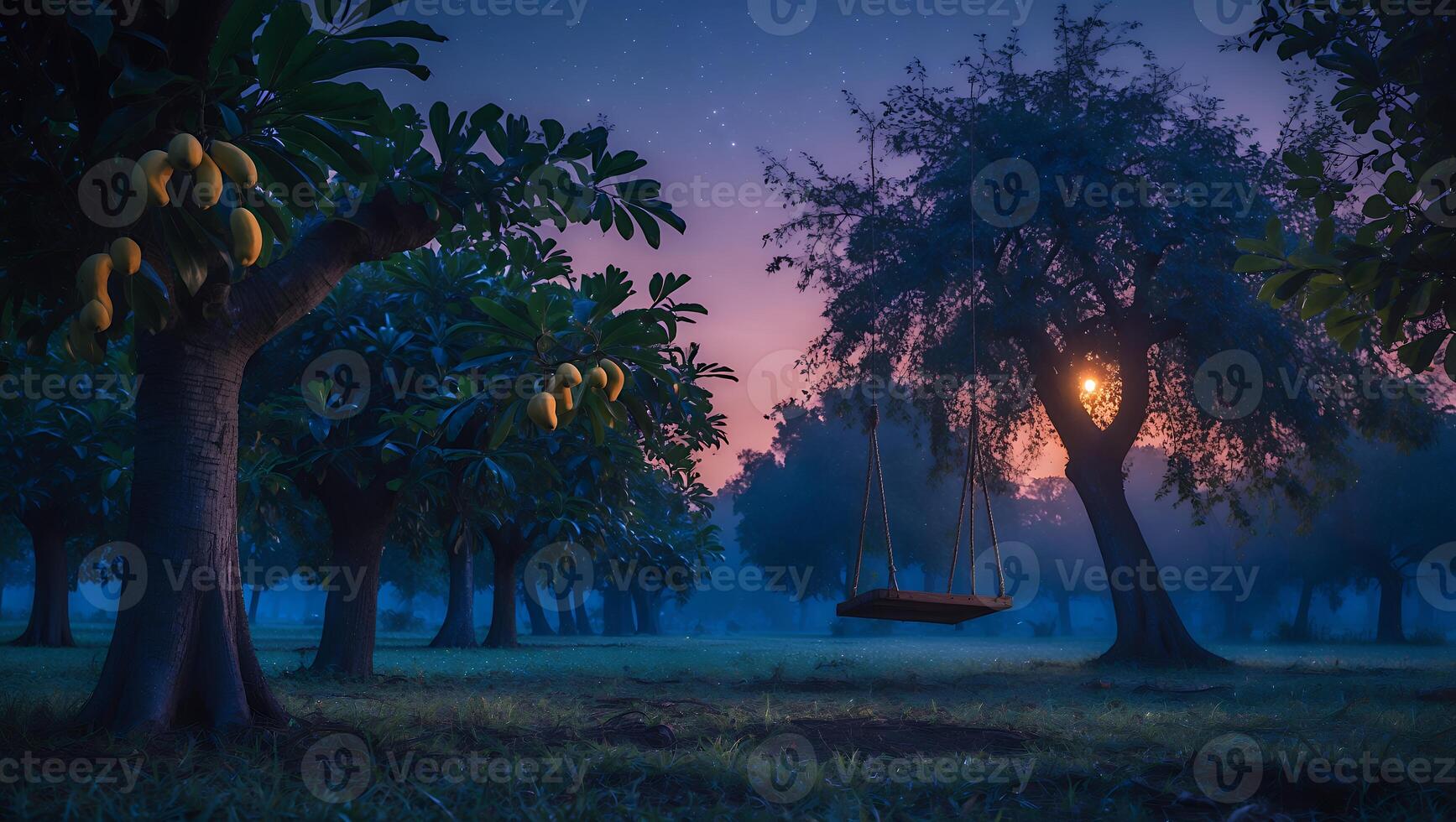 Swing Hanging From Tree in Foggy Field at Sunset Twilight photo