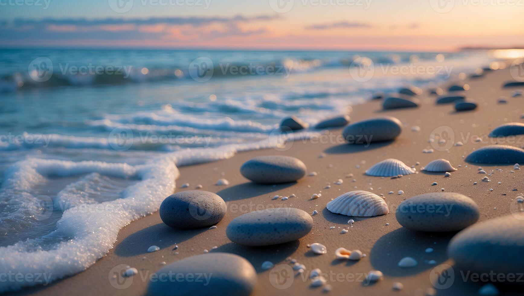 Stones and Shells on Beach with Ocean Waves at Sunset photo