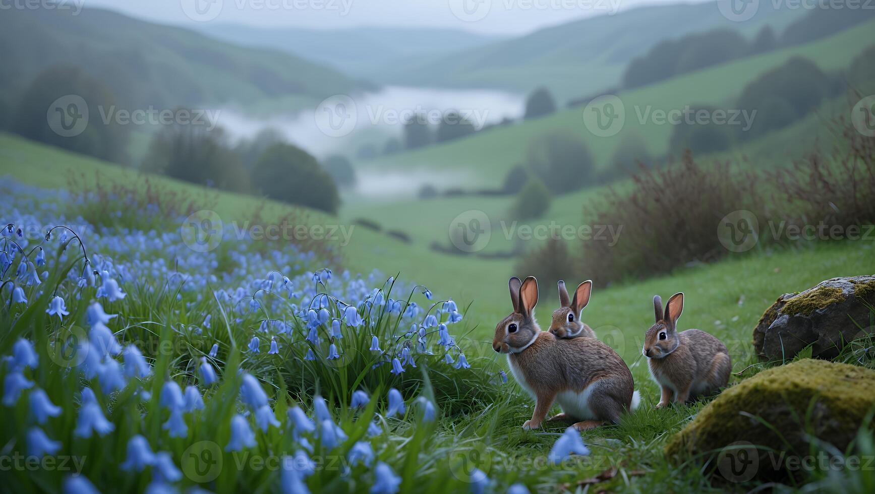 Bunnies in Meadow with Blue Flowers and Rolling Hills Scenery photo