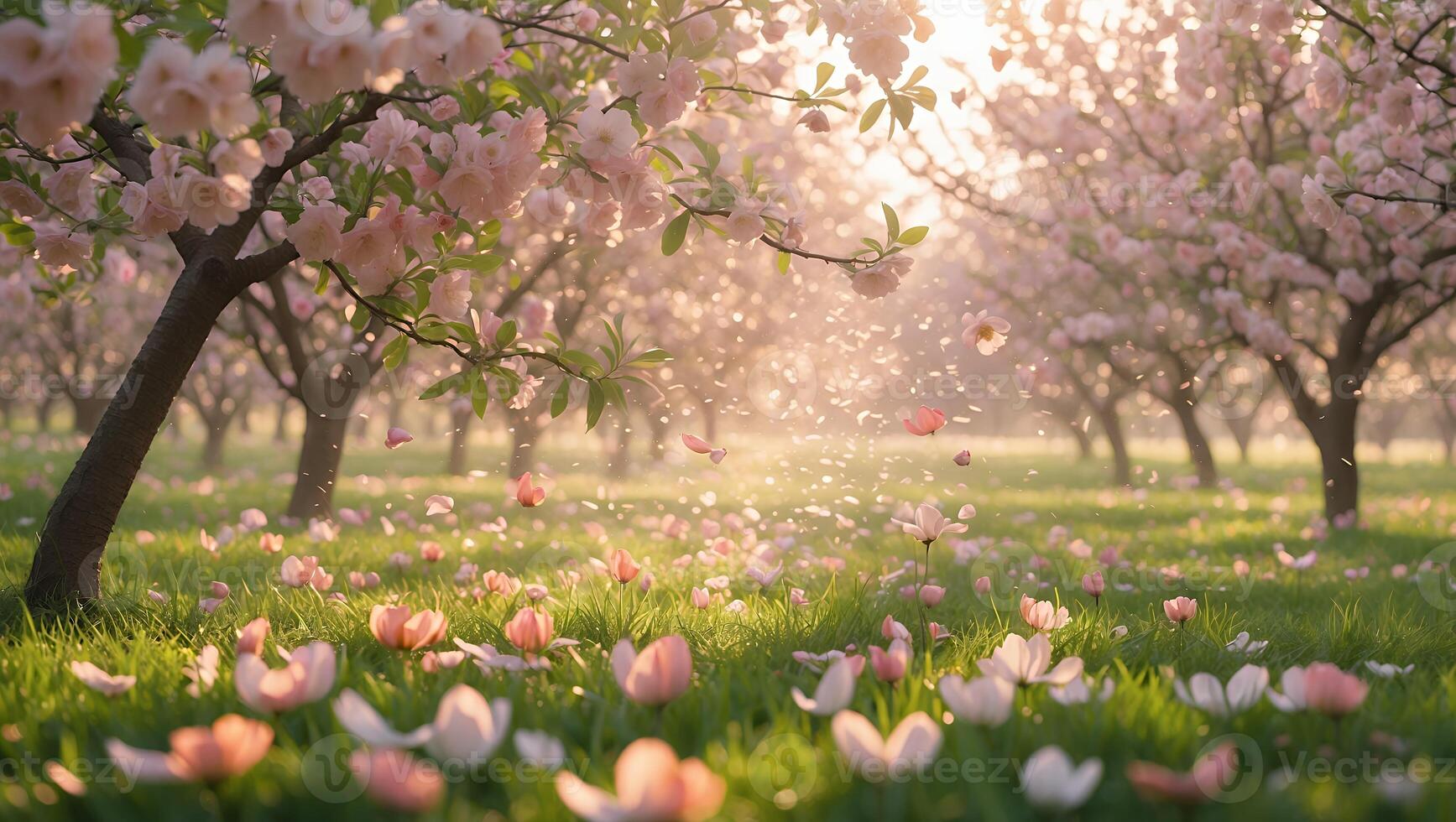 Blooming Trees Orchard with Falling Petals in a Spring Meadow photo