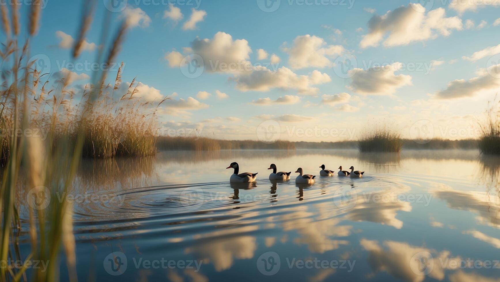 Ducks Swimming on Calm Lake Water Reflecting Sky and Clouds photo