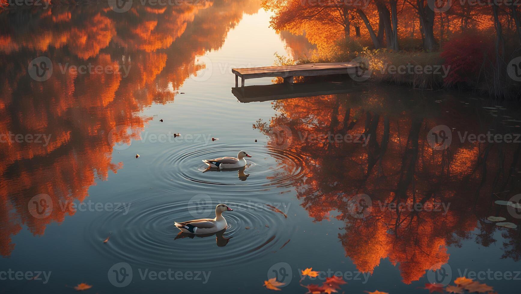 Ducks Swimming on Calm Lake Reflecting Autumn Trees and Sky photo