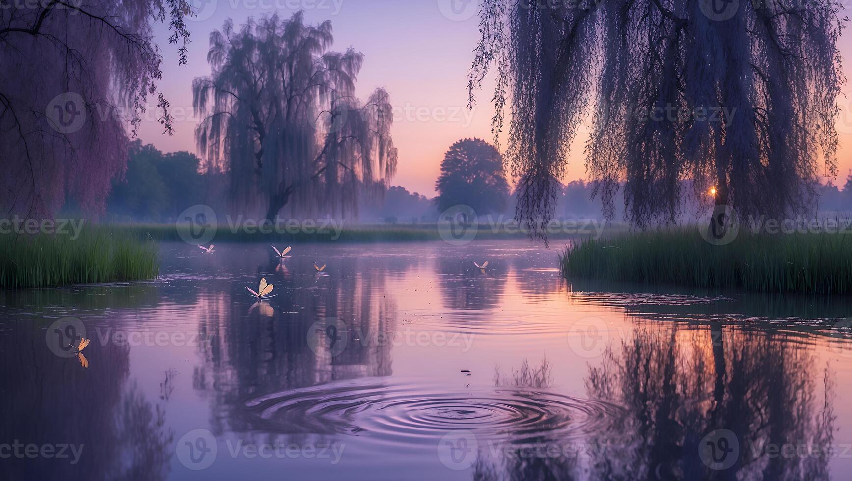 Calm Lake Reflection with Willow Trees and Fireflies at Twilight photo