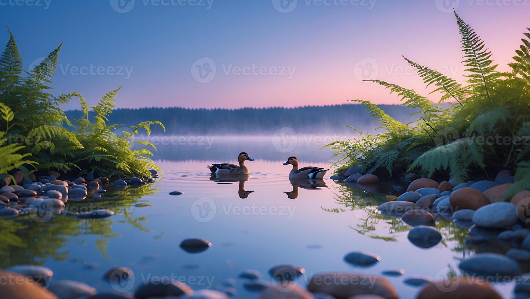 Ducks Swim Calmly on Lake at Dawn with Ferns and Rocks photo