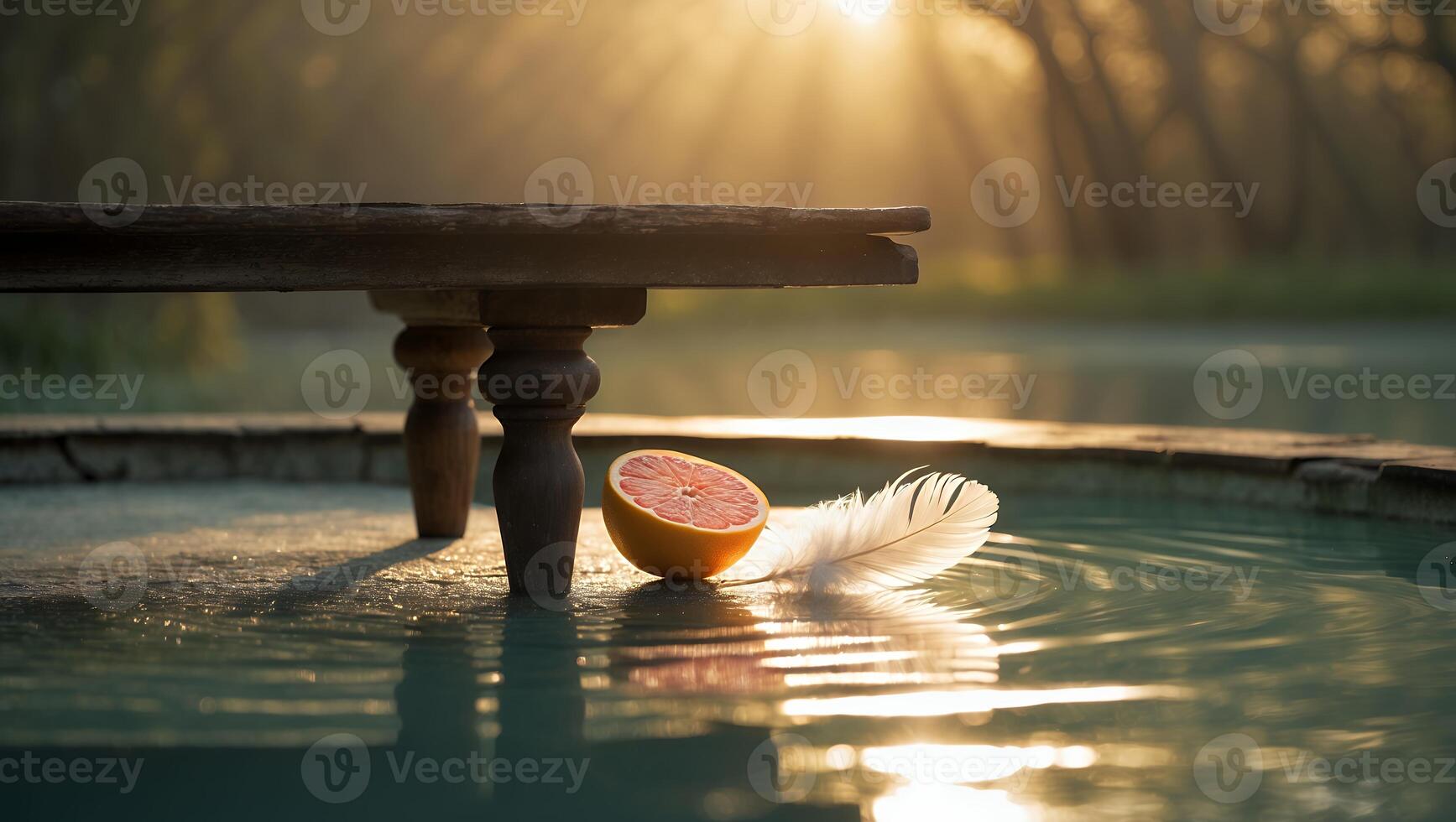 Grapefruit and Feather Still Life on Water with Sunlight Background photo