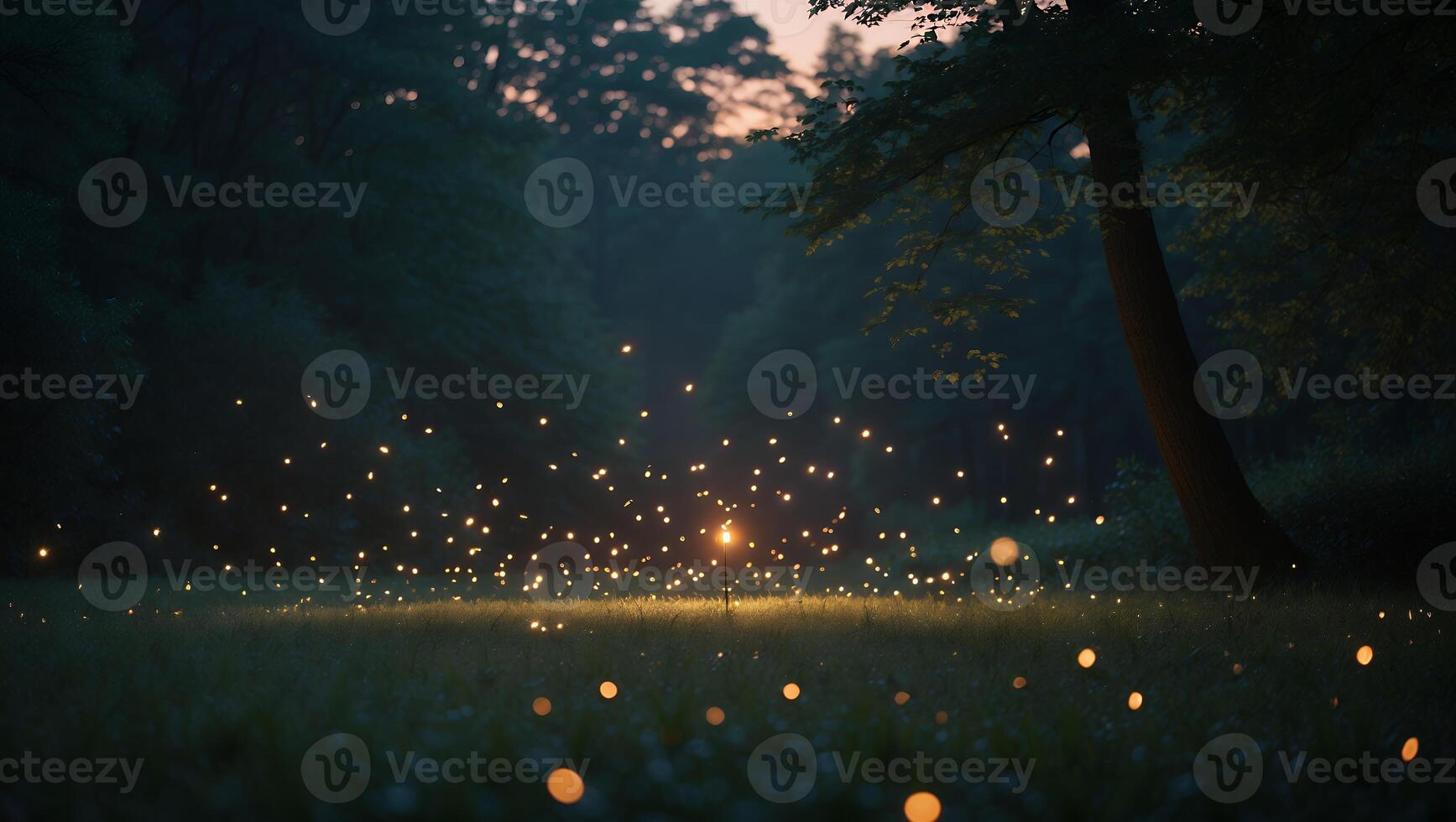 Glowing Lights in Forest Meadow Create a Magical Evening Scene photo