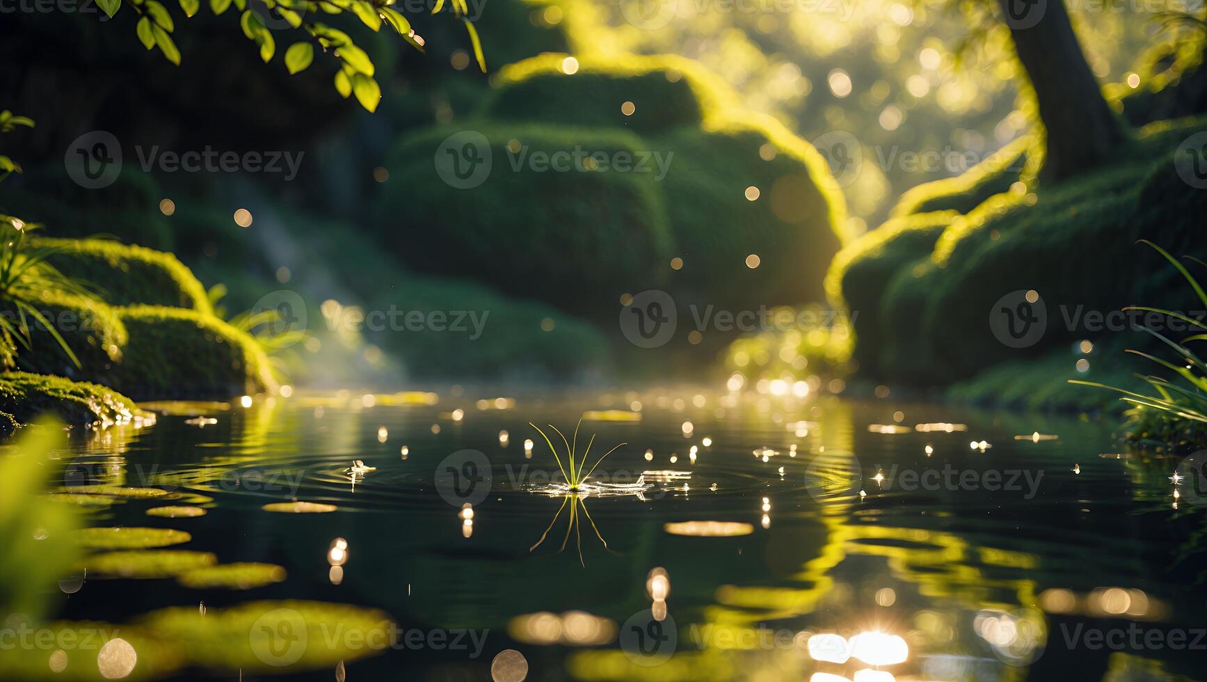 Pond Reflecting Sunlight with Greenery and Water Droplets Creating Serene Scene photo