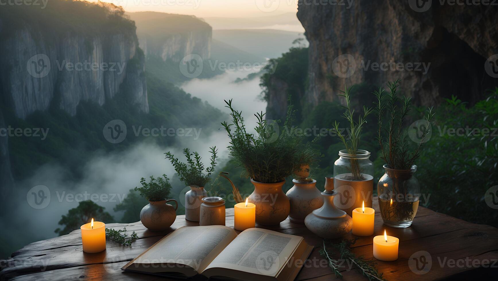 Open Book and Candles on Wooden Table Overlooking a Scenic Canyon photo