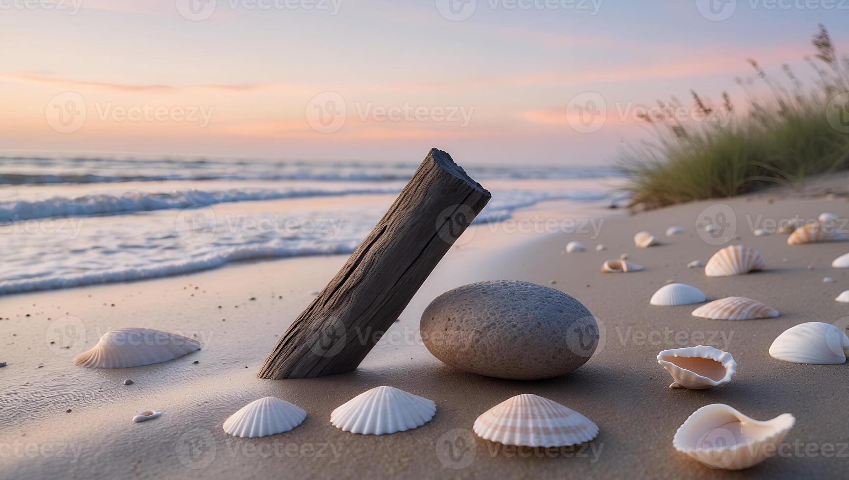 Seashells and Driftwood on a Sandy Beach at Sunset Serenity photo