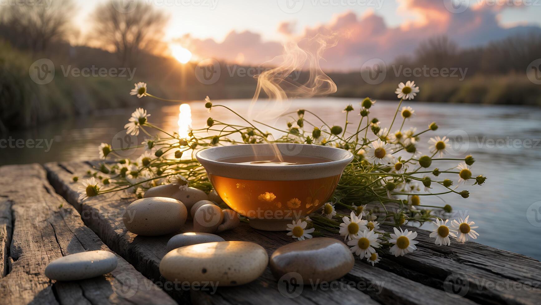 Hot Tea and Chamomile on Wooden Pier at Calming Sunset photo