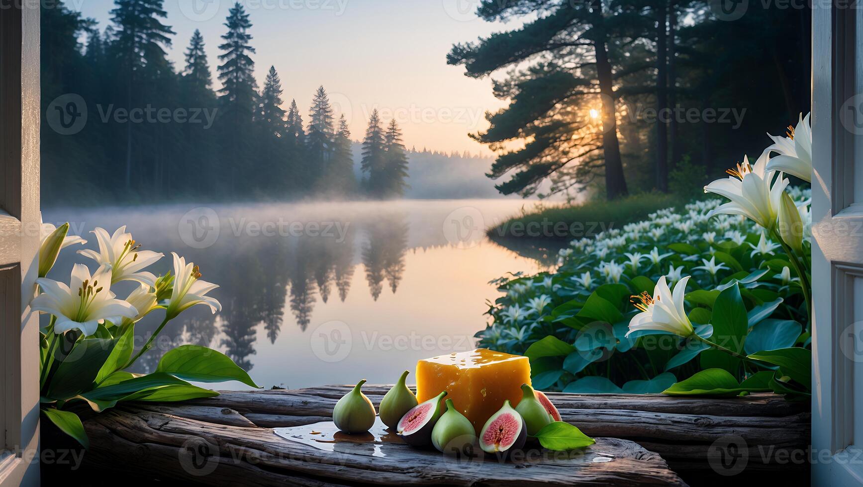 Scenic Lake View with Fruits and Lilies Through Open Window photo