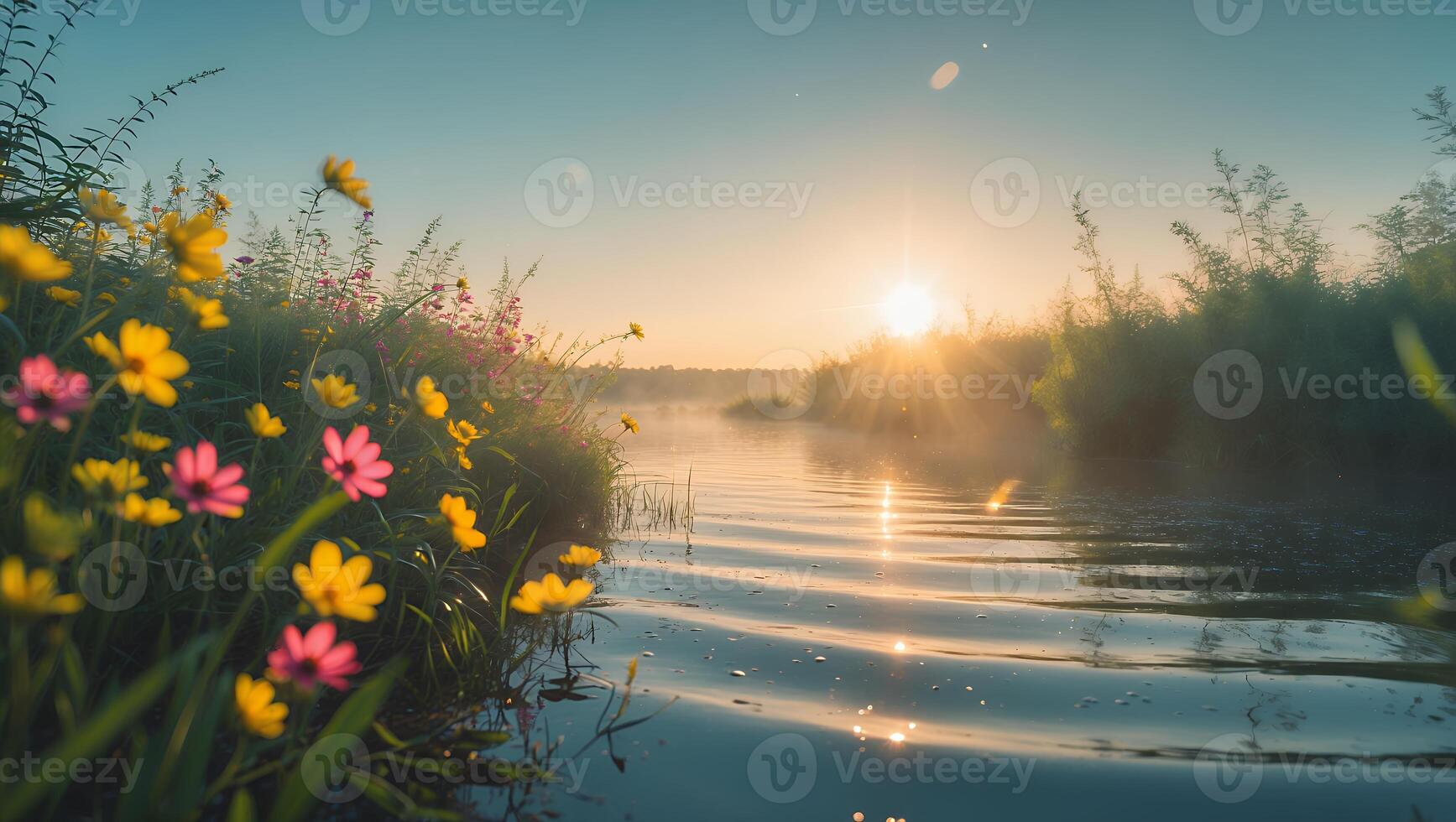 Wildflowers by Peaceful River at Sunrise with Golden Light Reflection photo