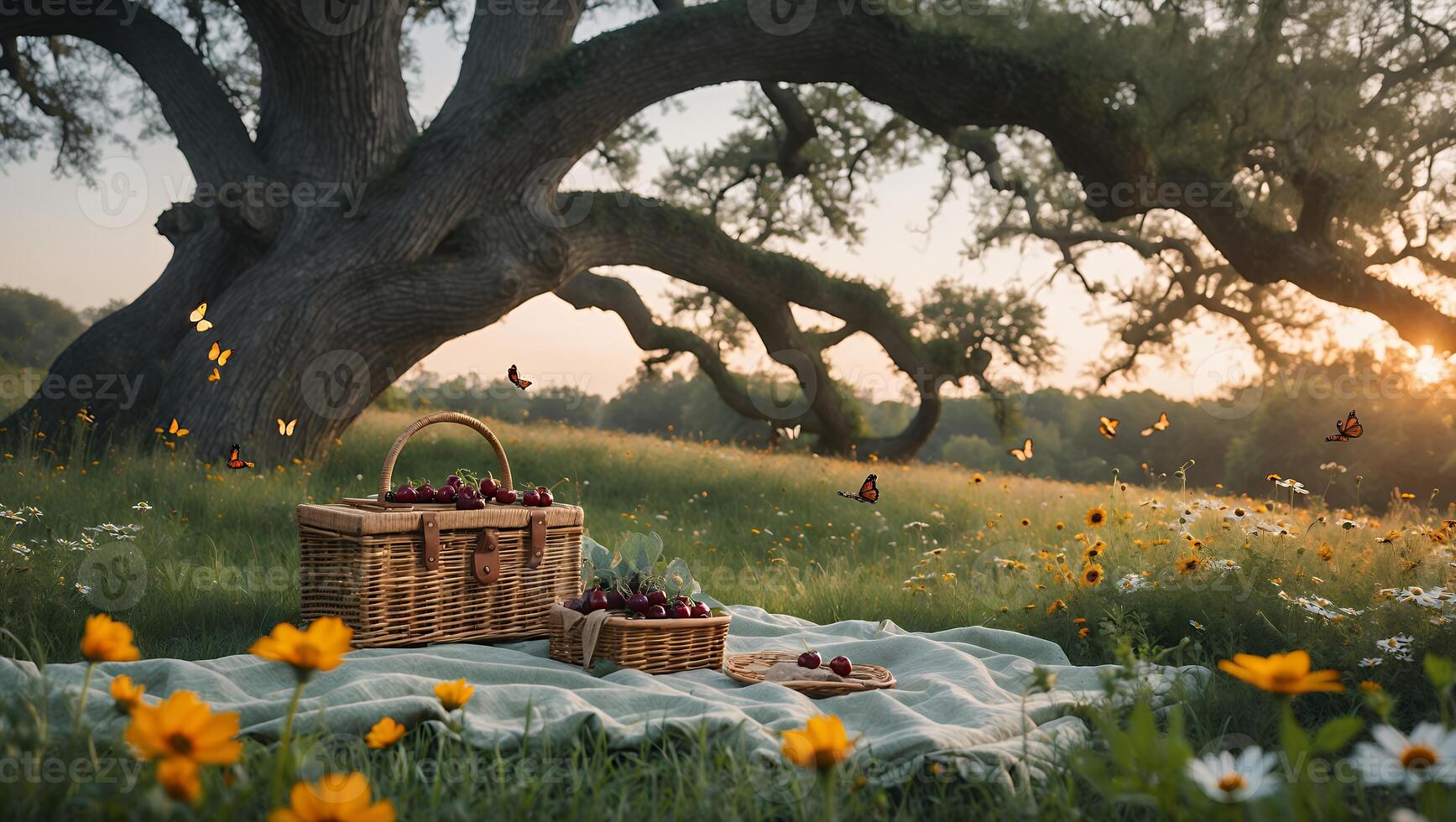 Picnic Basket with Cherries in Field at Sunset Under Large Tree photo