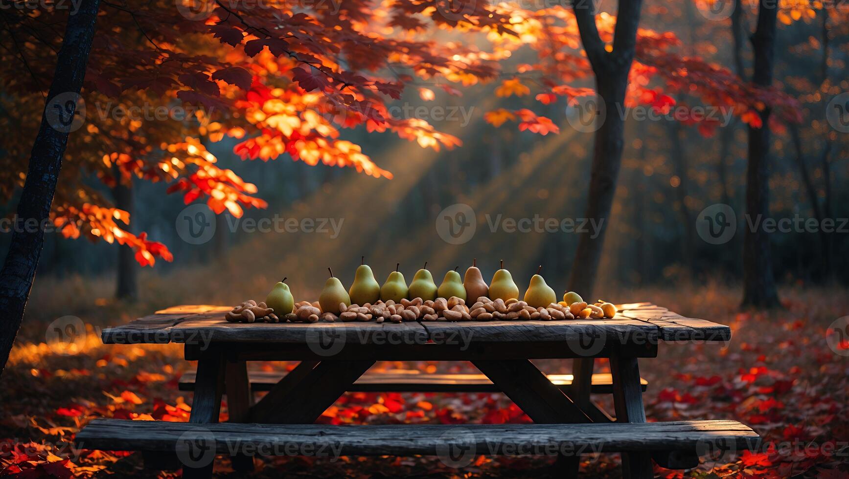 Pears and Nuts on Picnic Table in Autumn Forest Light photo