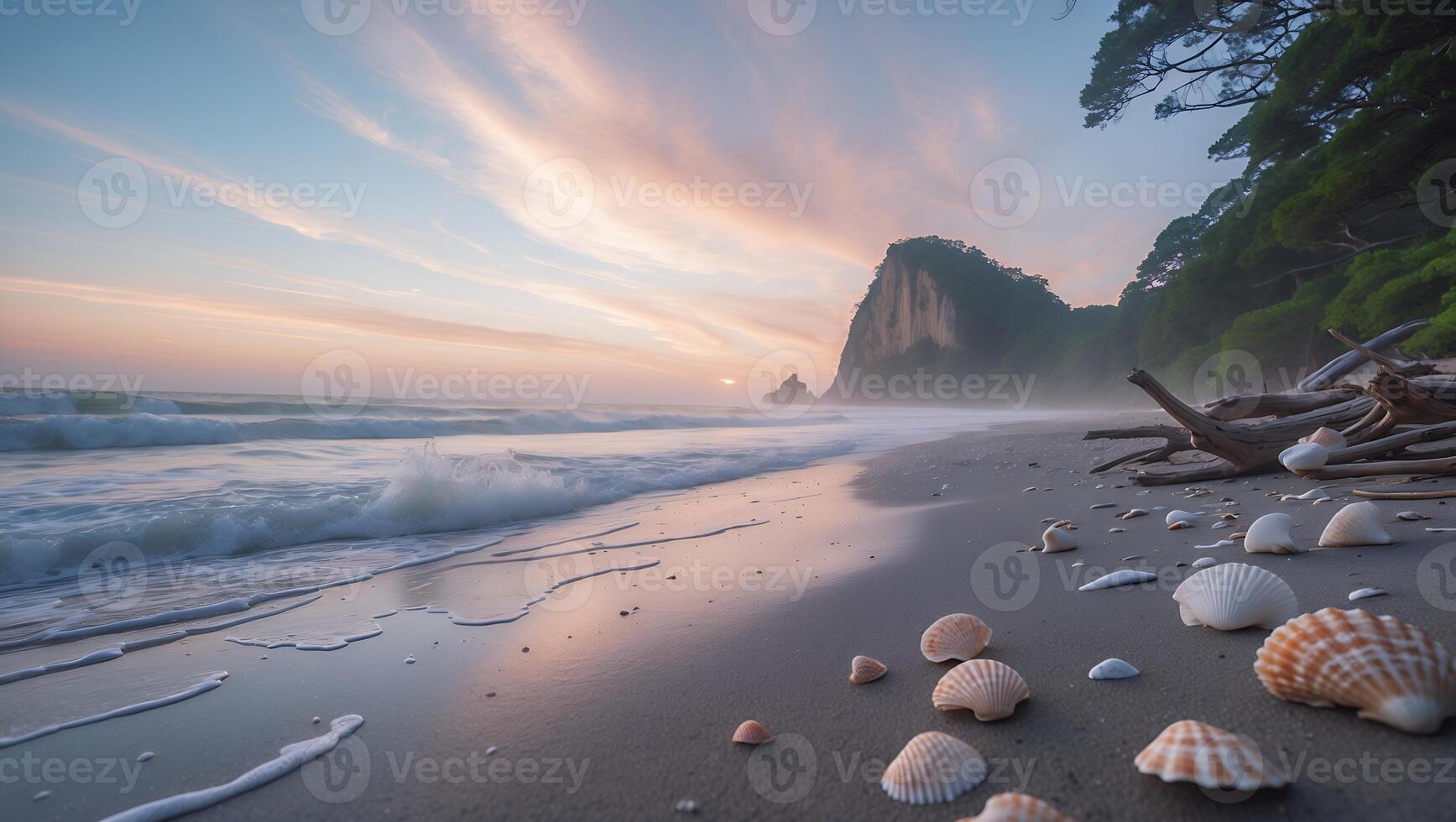 Seashells Scattered on Sandy Beach at Sunrise with Distant Cliffs photo