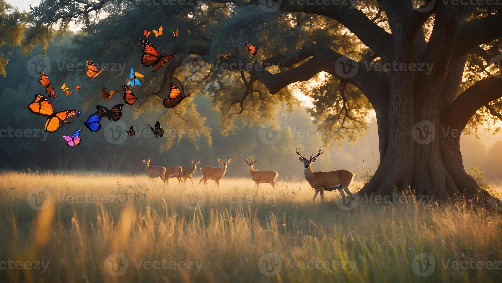 Deer Grazing in Golden Field with Butterflies and Large Tree photo