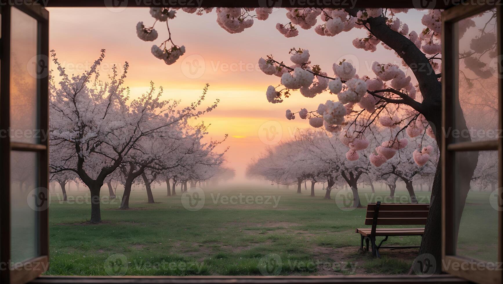 Cherry Blossom Orchard Seen Through Open Window at Sunrise with Bench photo
