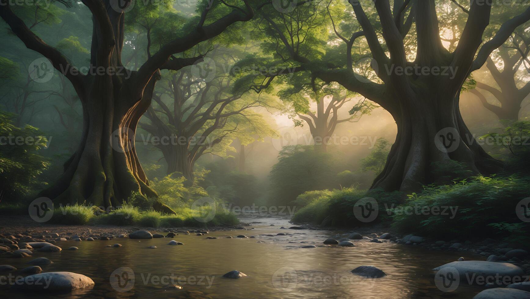 Flowing Stream Through Green Forest with Sun Rays and Mist photo