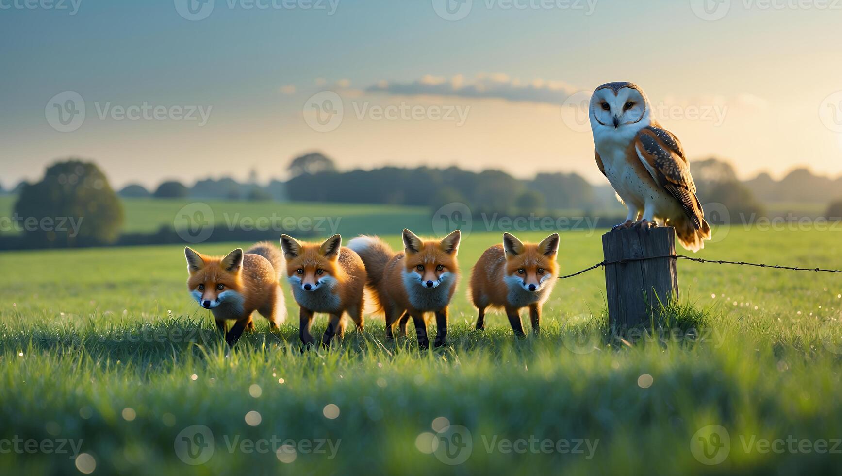 Foxes Approaching with Owl Perched on Fence Post in Meadow photo
