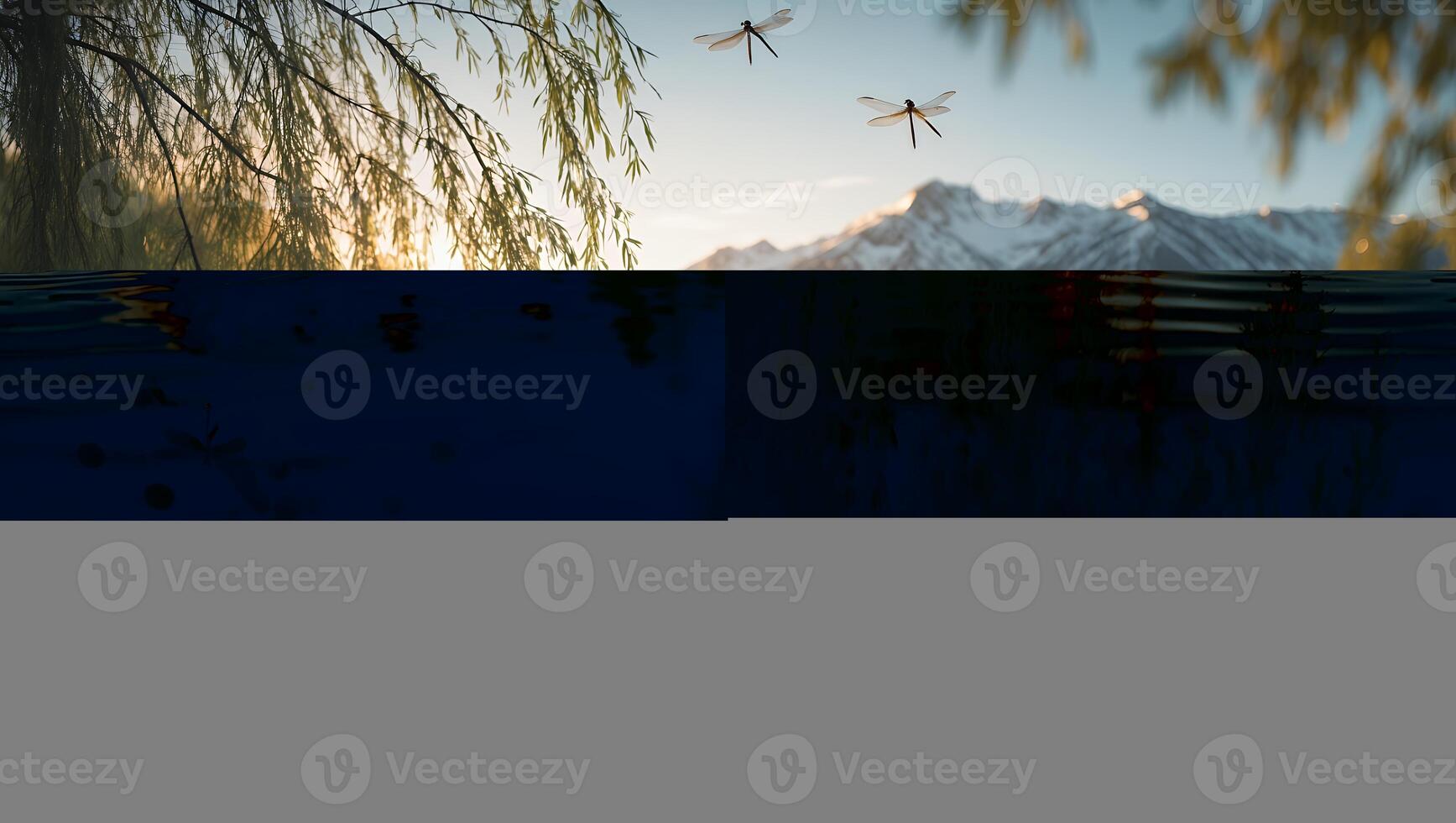 Dragonfly Flying Over Calm Lake with Mountain Views at Sunrise photo