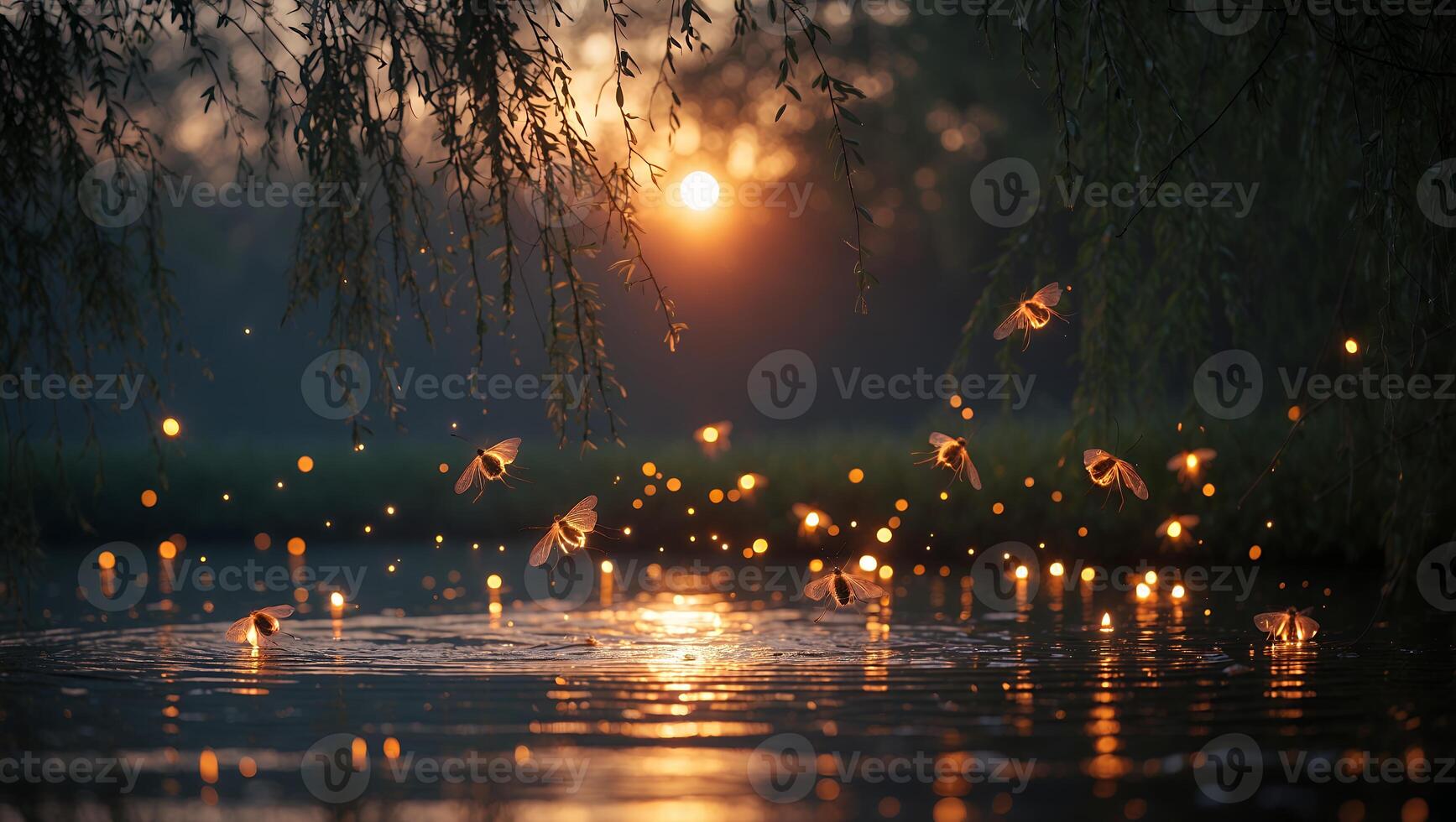 Fireflies Hovering Over Water at Dusk with Sun Setting Behind Trees photo