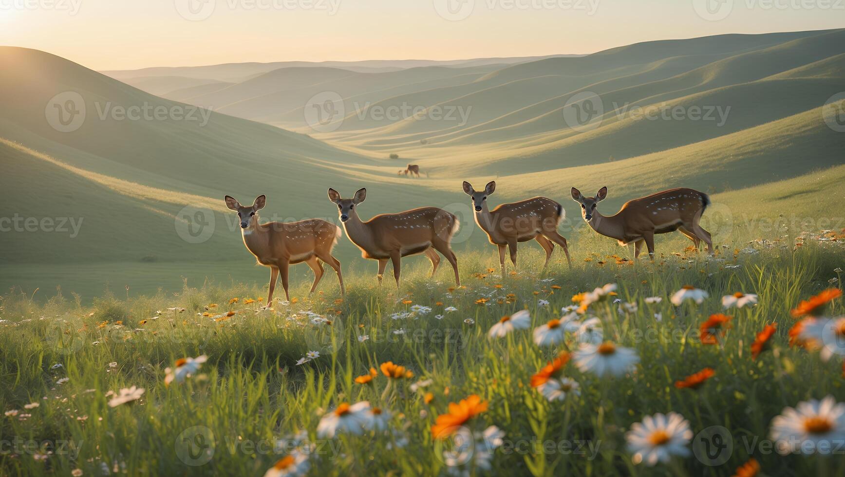 Deer Grazing in Grassy Hills with Wildflowers on a Sunny Day photo