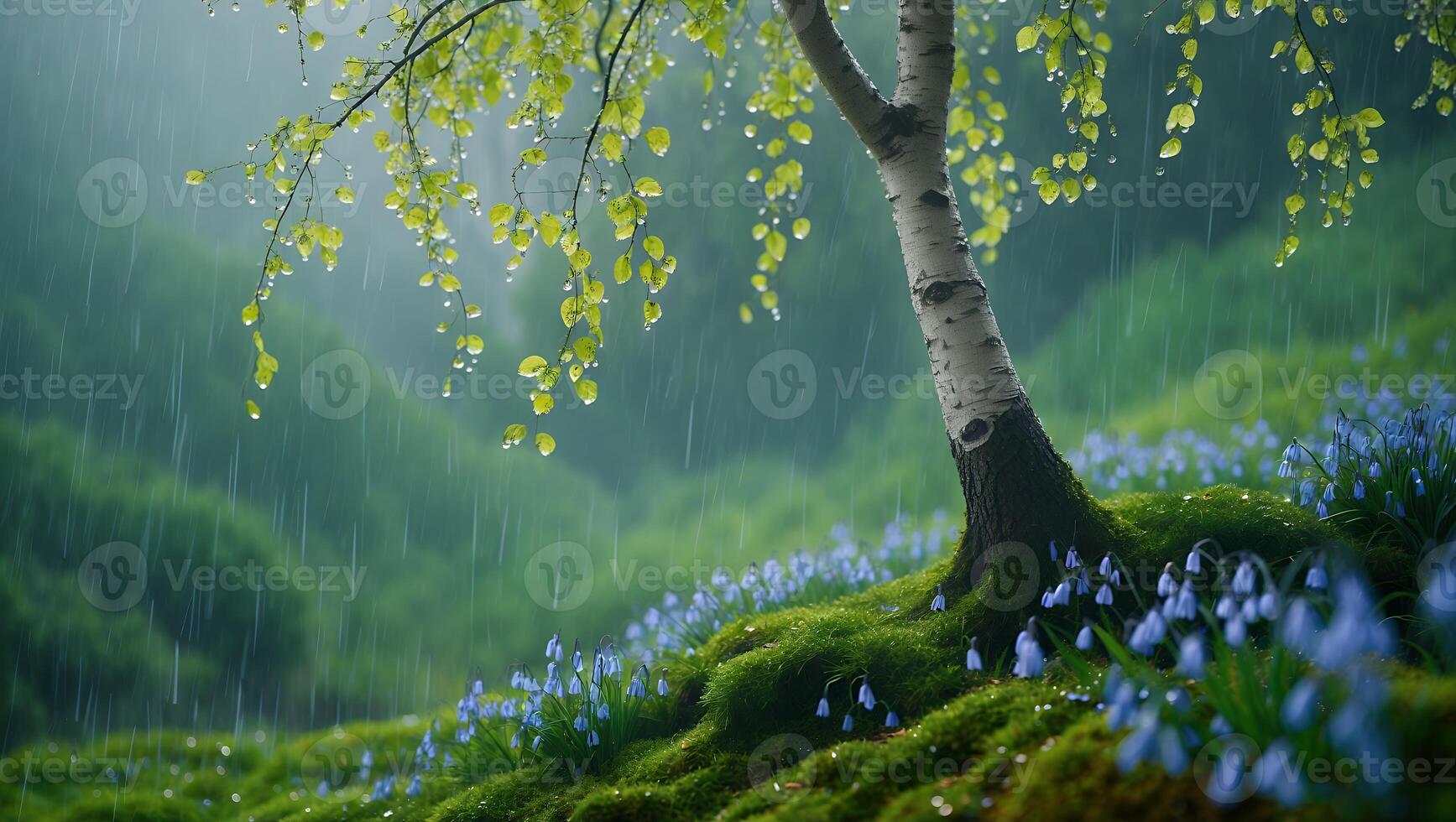 Birch Tree and Bluebell Flowers in Gentle Rain Serene Scene photo